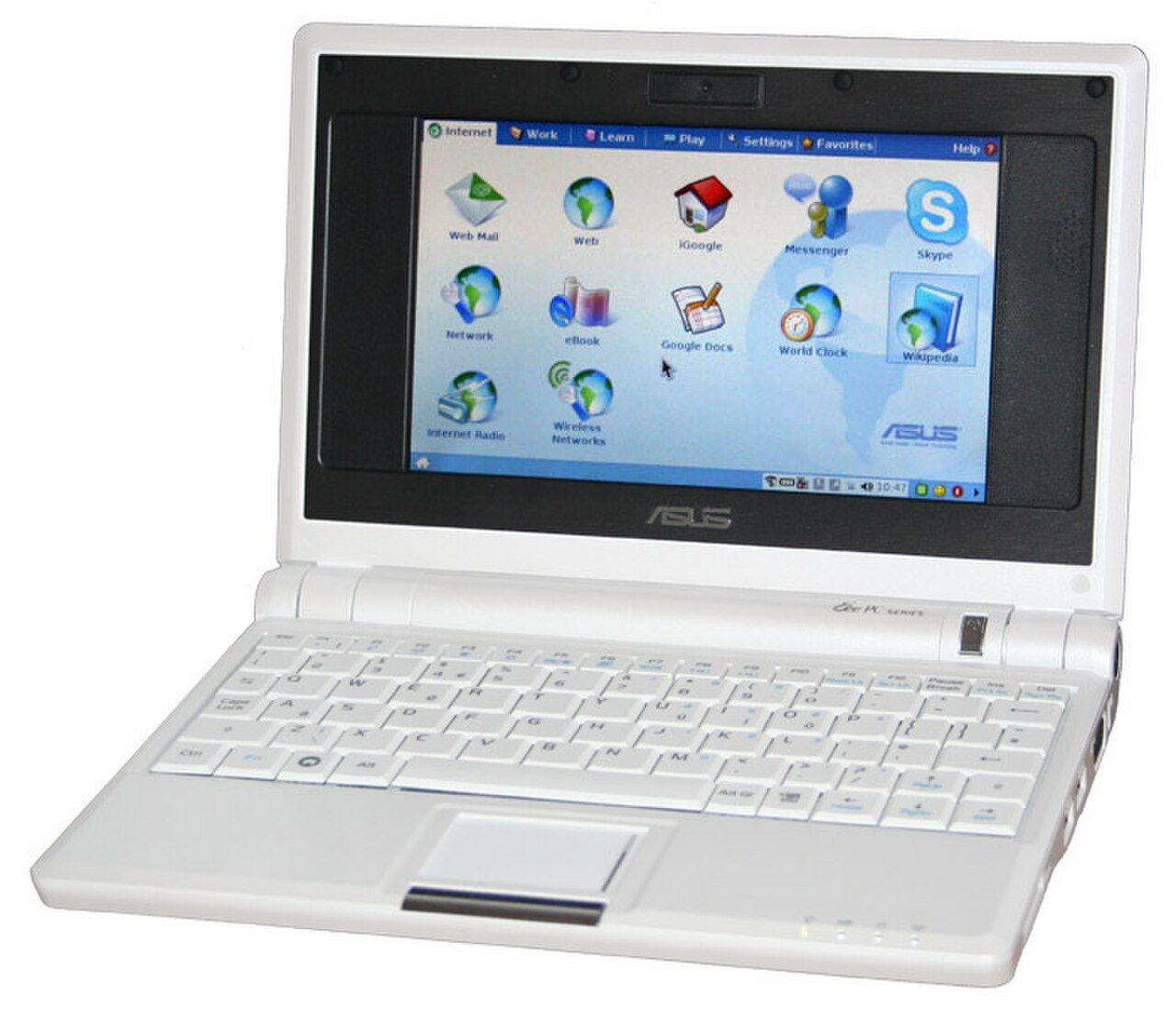 White Asus Eee PC 701 netbook open on a plain background, showing its 7-inch screen and small keyboard