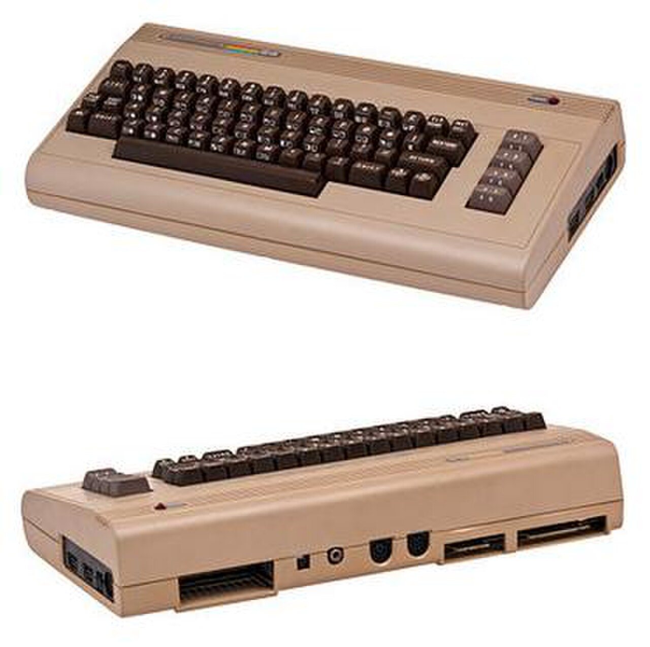 Commodore 64 home computer photographed from the front and the back