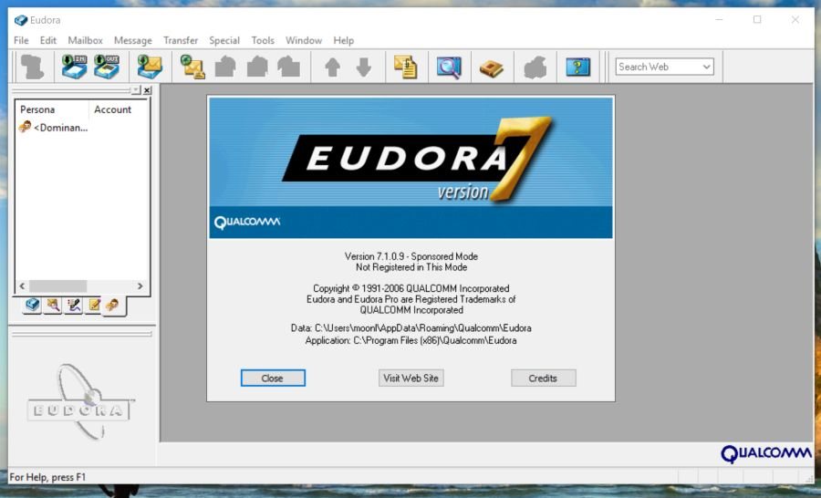 Screenshot of the Eudora email client interface showing a mailbox list and message window