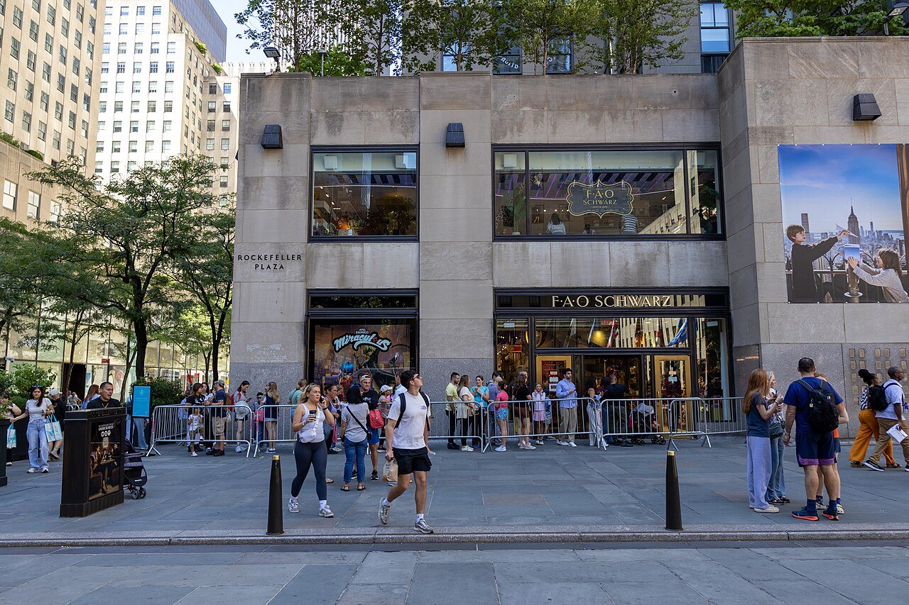The FAO Schwarz toy store entrance in New York City, with the store name above the doors