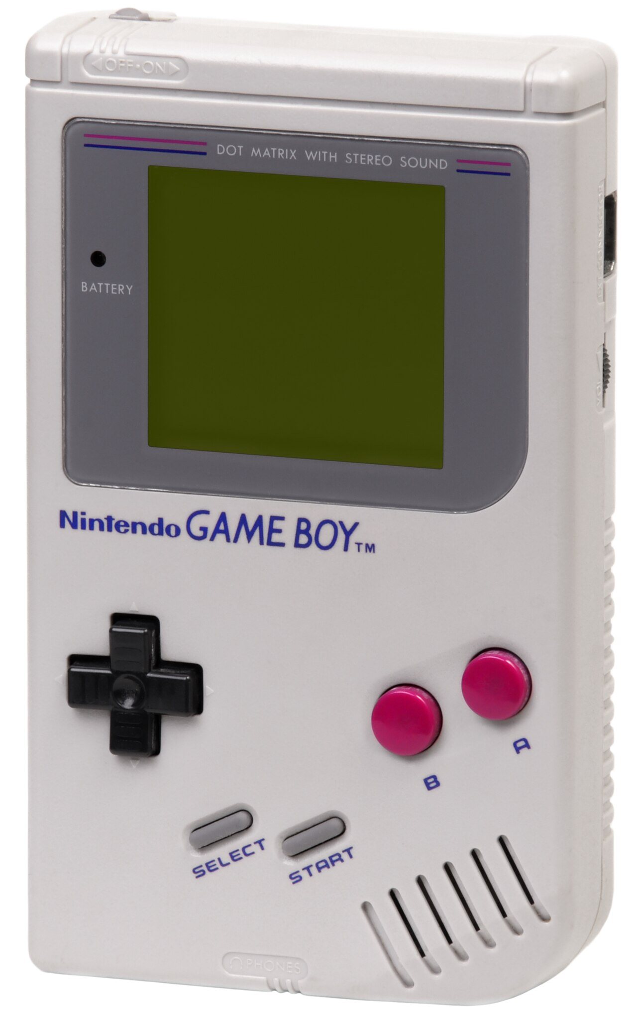 An original 1989 Nintendo Game Boy handheld console on a white background