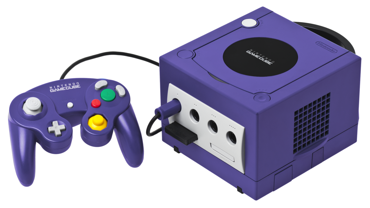 Nintendo GameCube console in indigo purple with a matching controller