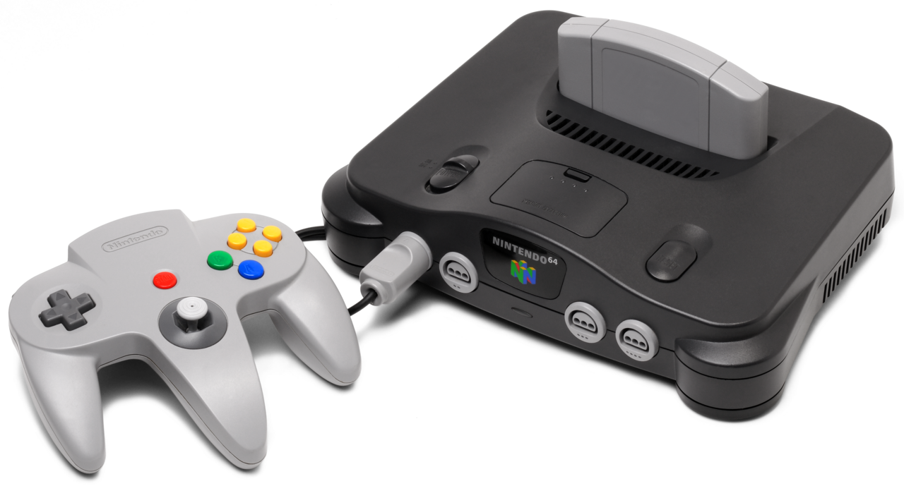 A gray Nintendo 64 console with a controller plugged into the front