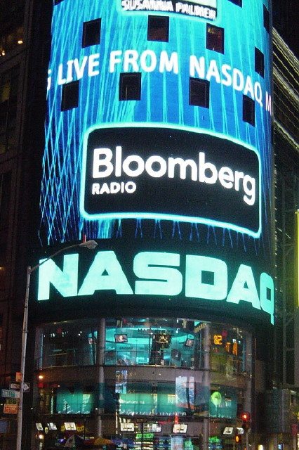 NASDAQ MarketSite sign illuminated in Times Square, New York City