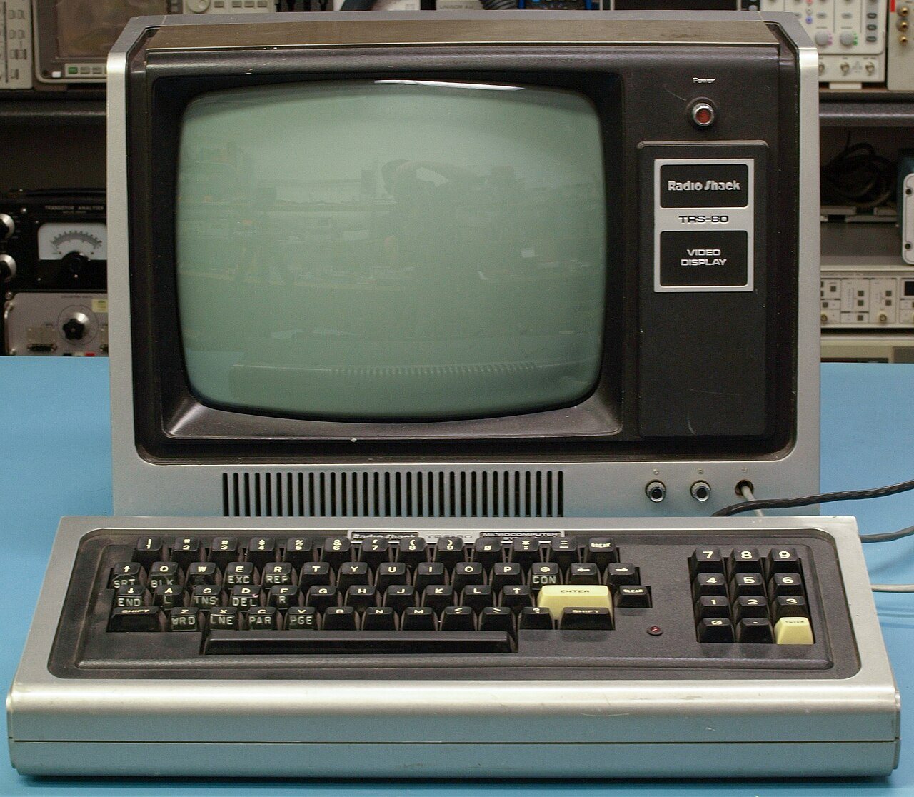 A Tandy TRS-80 Model I computer system with monitor and keyboard, sold by RadioShack