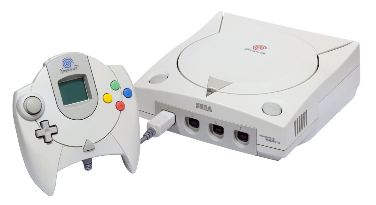 A Sega Dreamcast console with its controller, an example of 1990s gaming hardware