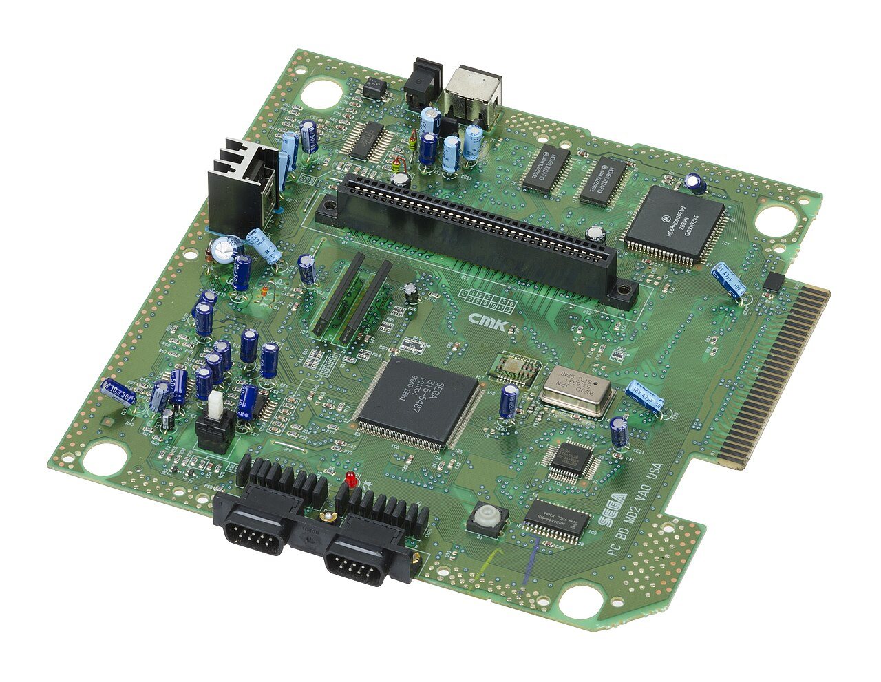 A Sega Genesis console with a three button controller and a cartridge, the 16-bit machine Sega launched in North America in 1989