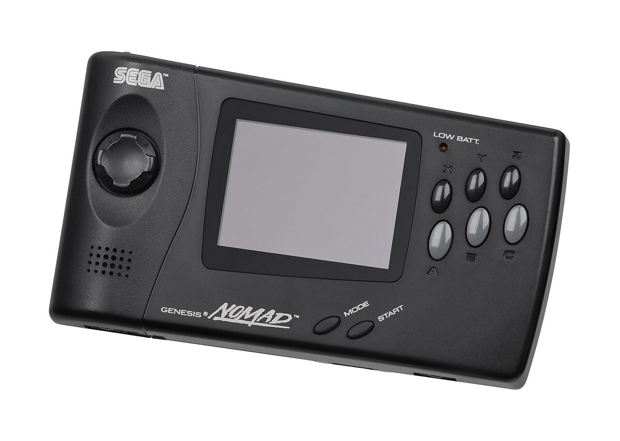 Sega Nomad handheld console with a Genesis cartridge slot, color LCD screen and control pad