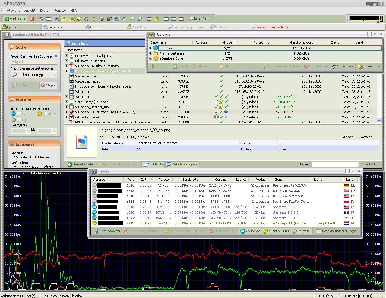 Screenshot of an early 2000s peer-to-peer file sharing client showing a search results list