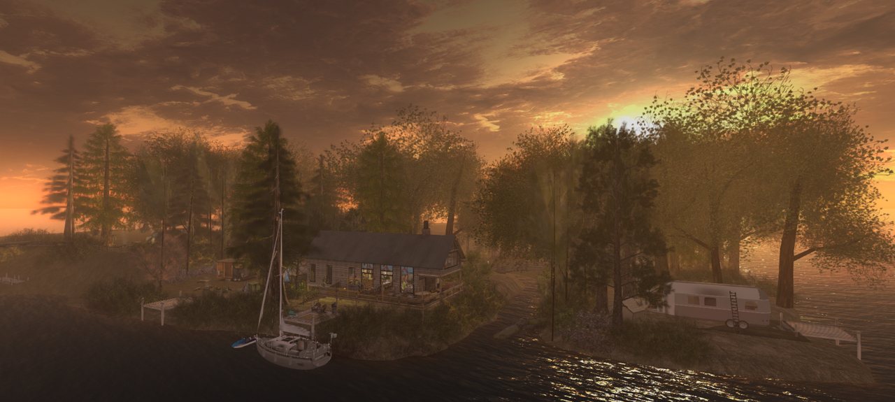 A panoramic view of a Second Life virtual landscape