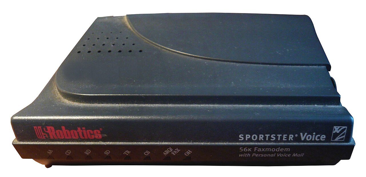 An external 56k dial-up telephone modem of the kind that produced the handshake sound