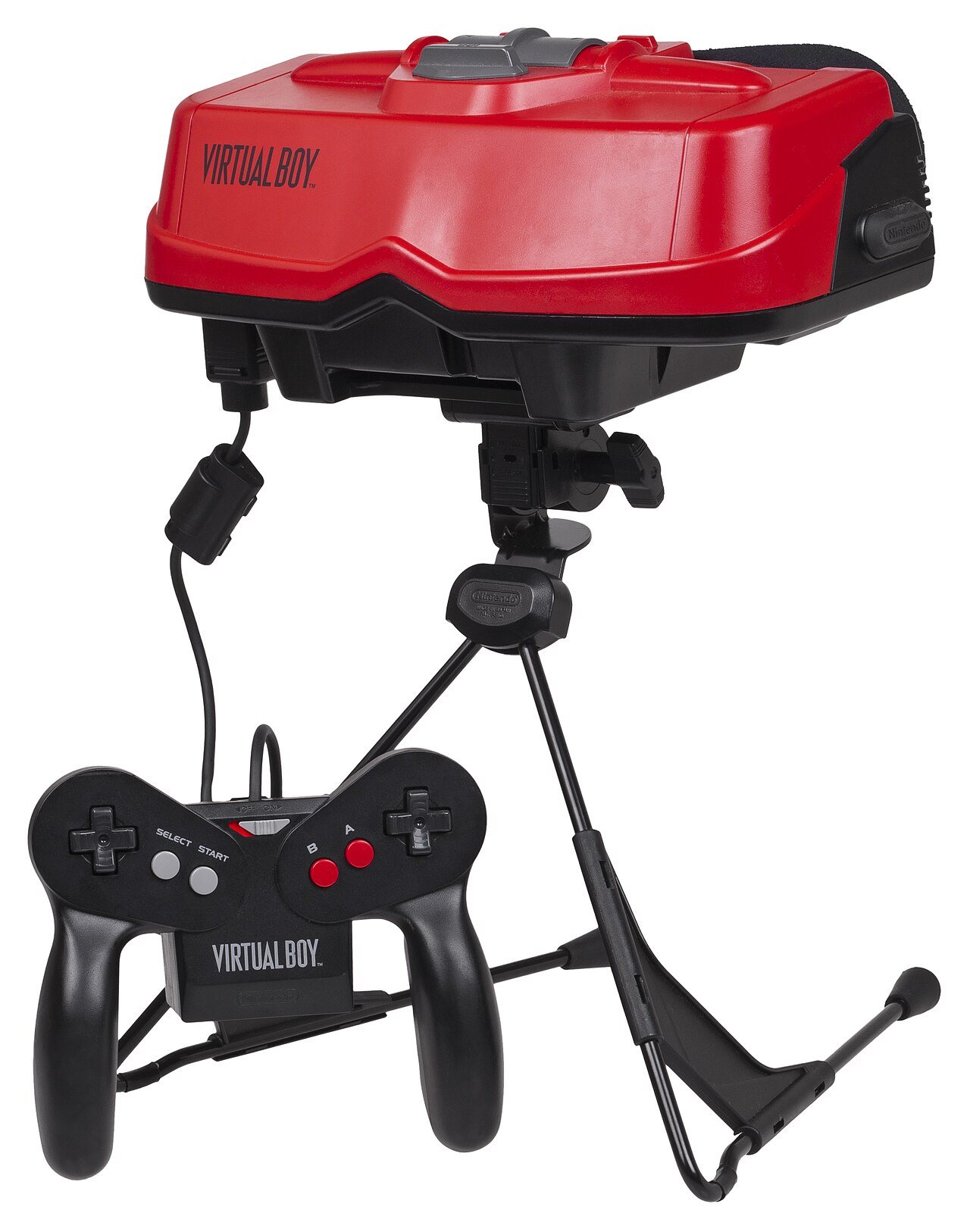 A Nintendo Virtual Boy console with its stand and controller