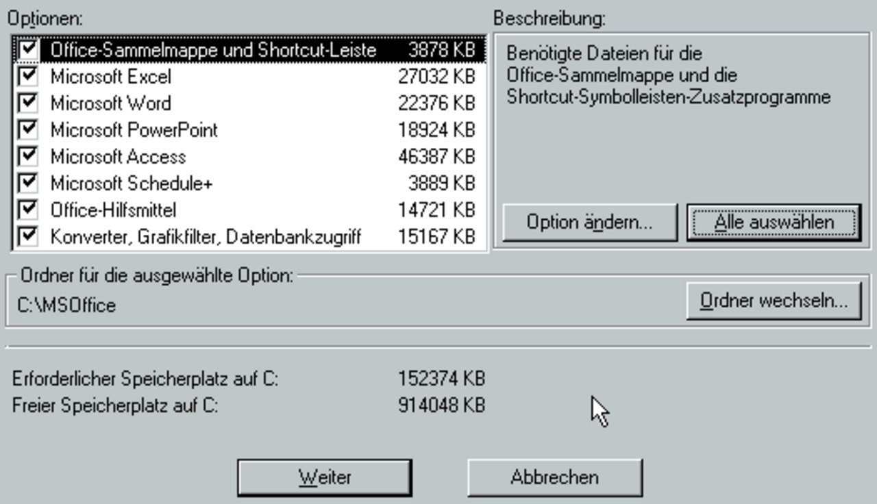 Windows 95 desktop at first boot, showing the Start button, taskbar and default icons