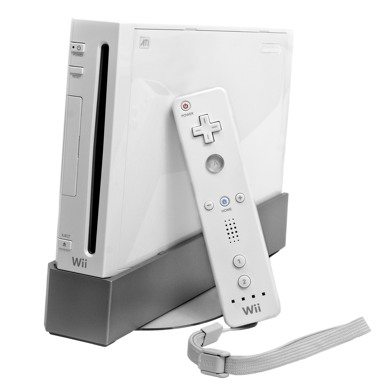 Nintendo Wii console standing vertically next to its Wii Remote