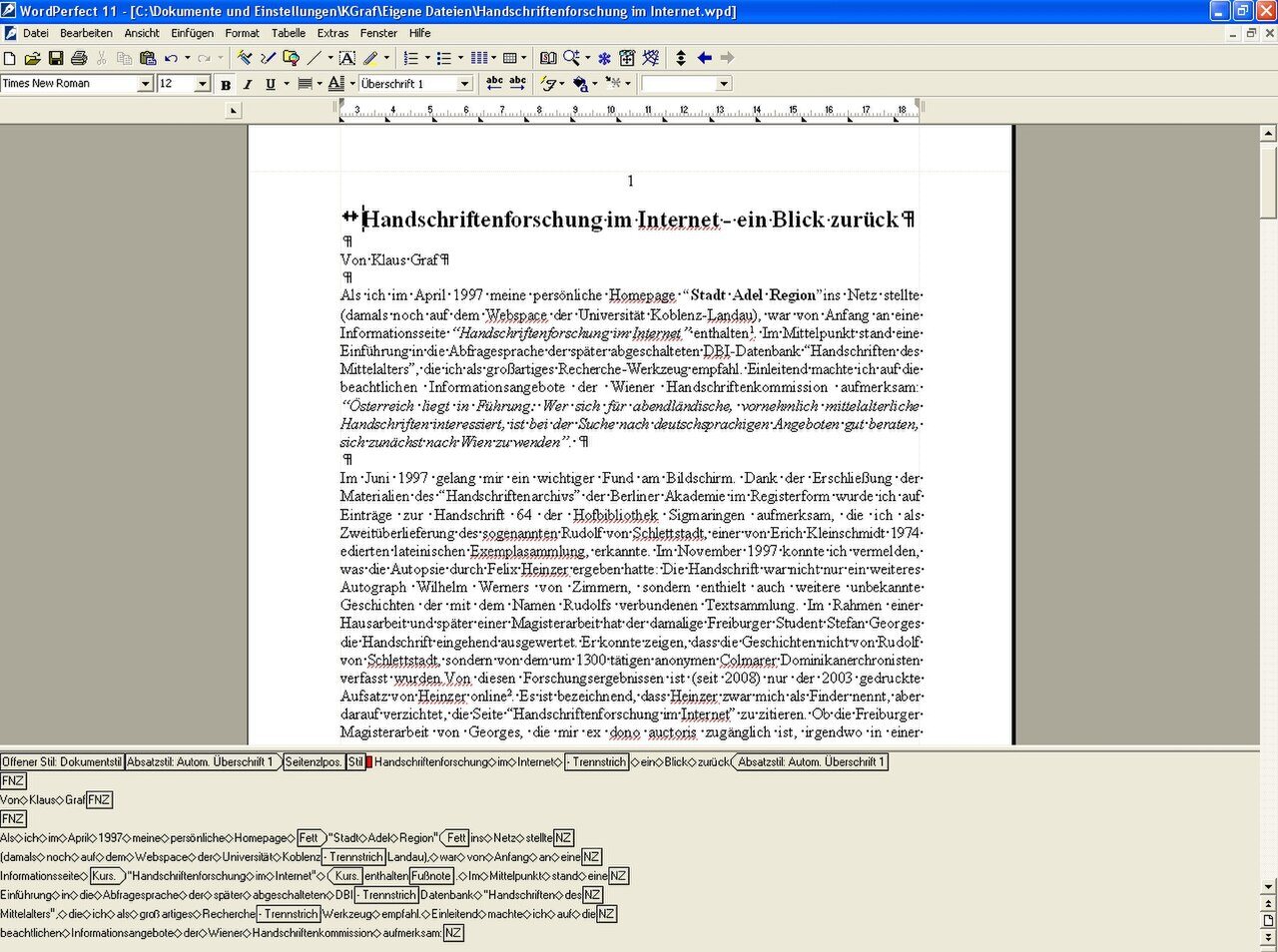 A WordPerfect editing screen with its hidden formatting codes displayed
