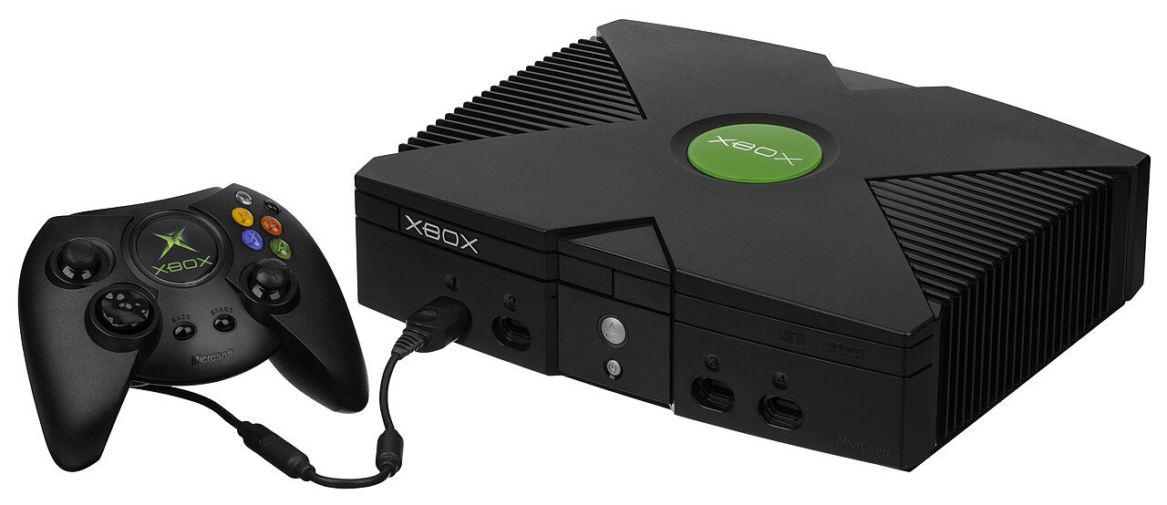 The original Microsoft Xbox console from 2001 with its large Duke controller